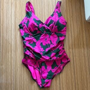 Anthropologie Boden Floral Pink & Green Ruched One Piece Swimsuit